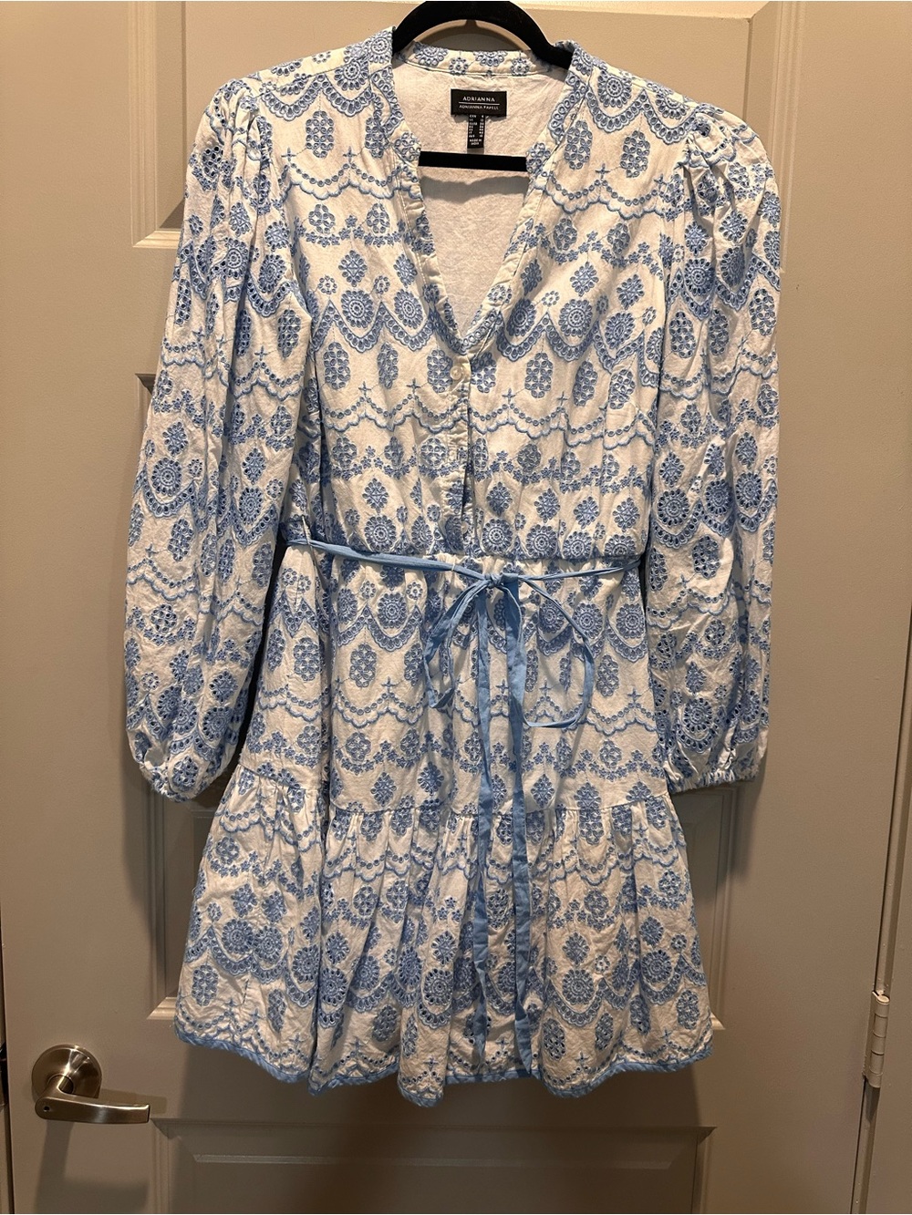 Adrianna Papell White & Light Blue Printed Tie-Waist Mini Dress